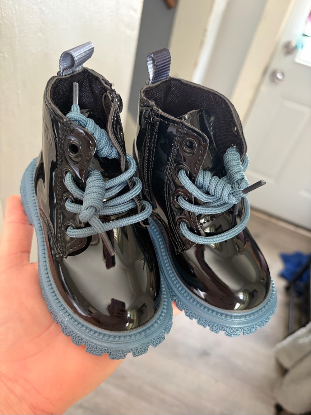 Kids Patent Ankle Boots with Blue Soles and Laces